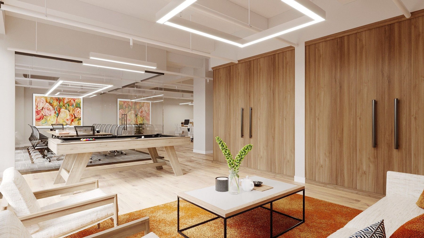 Rendering of a games area beside a glass walled boardroom