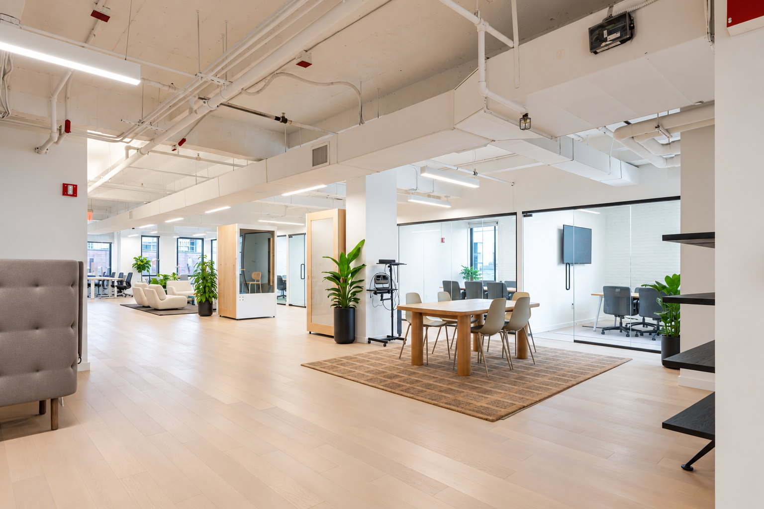 Seventh floor open area with lounge seating, a phone booth and a glass fronted meeting room under painted exposed ceilings